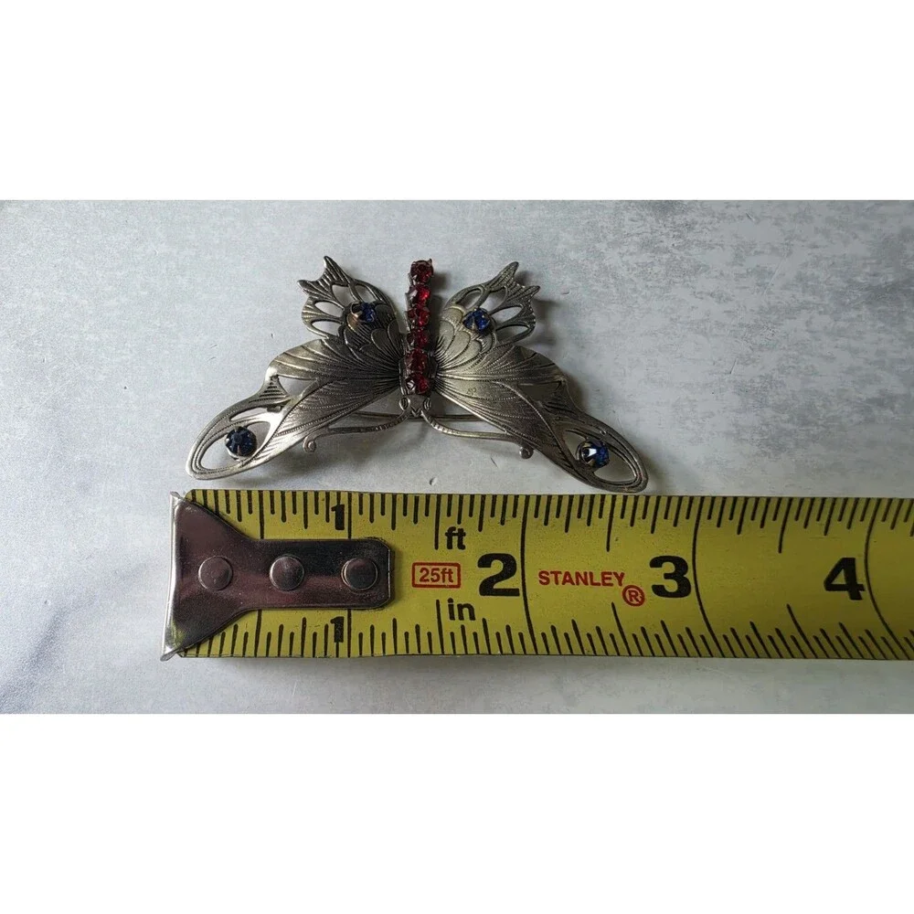 Rhinestone Silver Tone Metal Butterfly Brooch Vintage Costume Jewelry